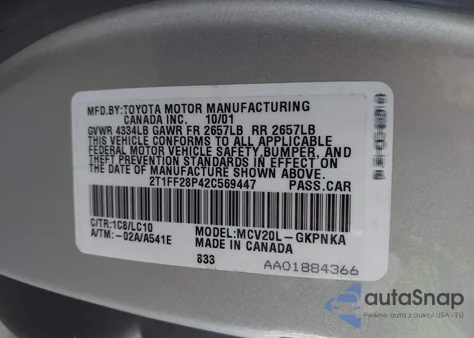 2002 Toyota Camry Solara Se/Sle из США, поврежденный, VIN 2T1FF28P42C569447